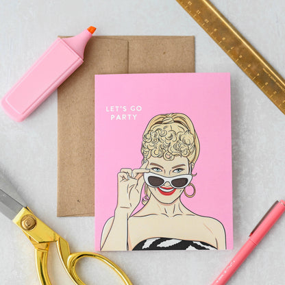 Retro Doll Let's Go Party - Birthday Card