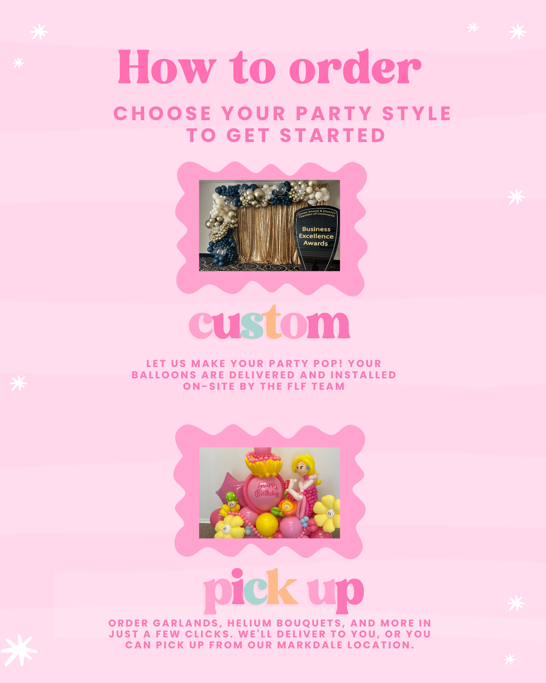 Pink promotional flyer for party planning with text and images of balloons and decor.